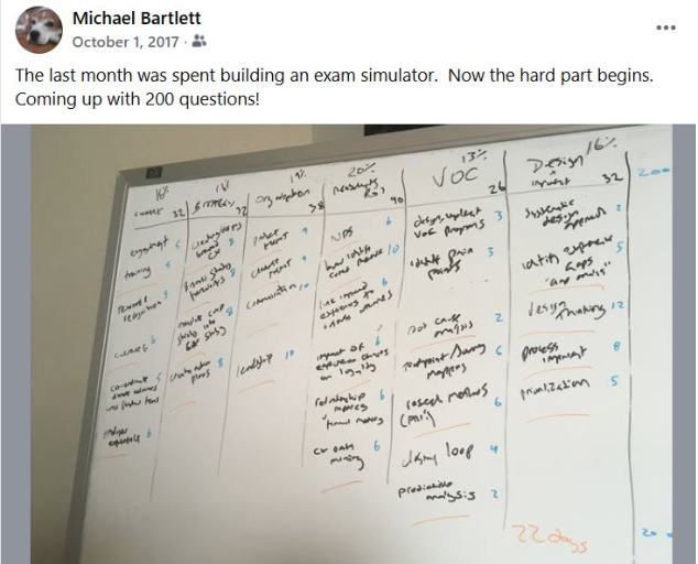 Michael Bartlett's 2017 post showing the early planning work behind the CCXP Exam Simulator