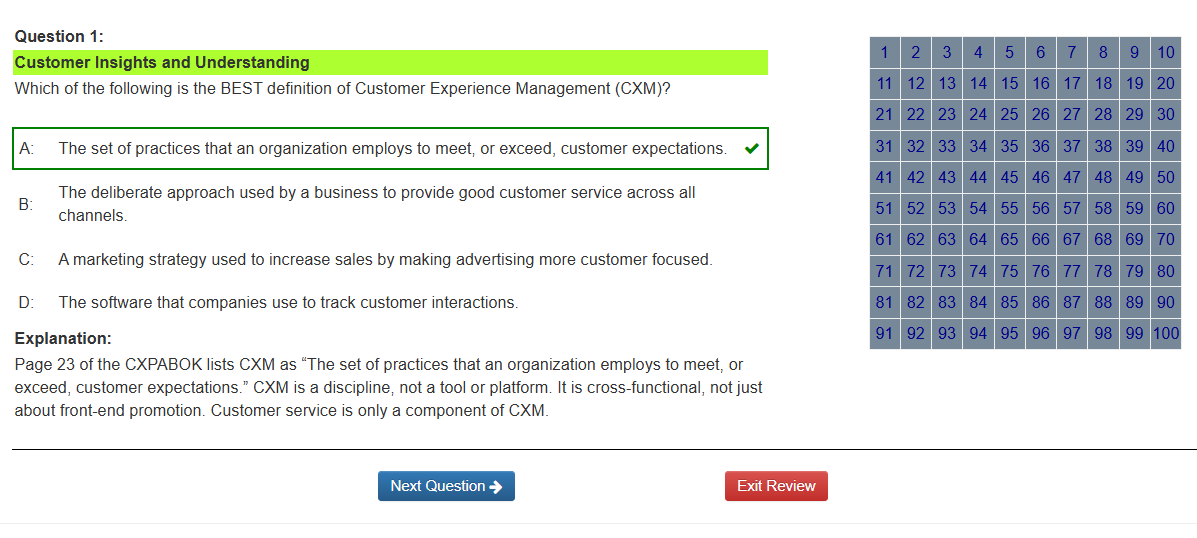 CCXP Exam Simulator question with answer explanation and exam navigation