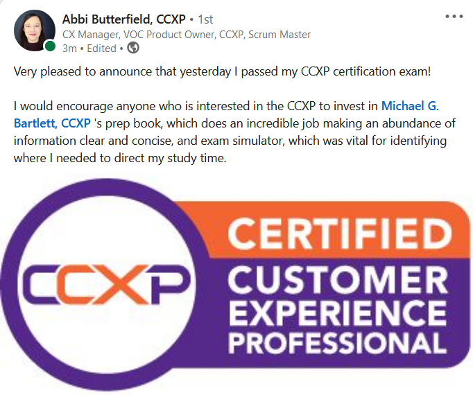 LinkedIn post from Abbi Butterfield celebrating passing the CCXP exam