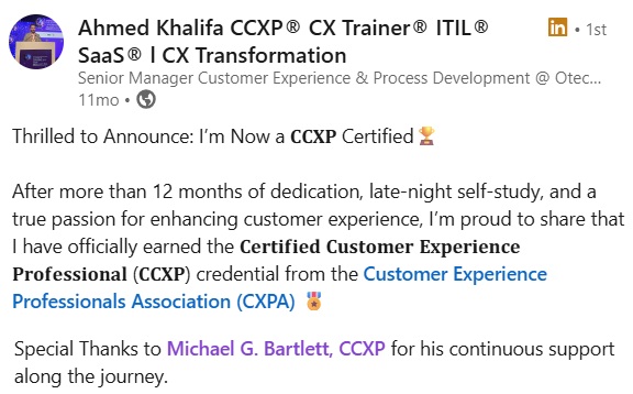 LinkedIn post from Ahmed Khalifa celebrating becoming a CCXP