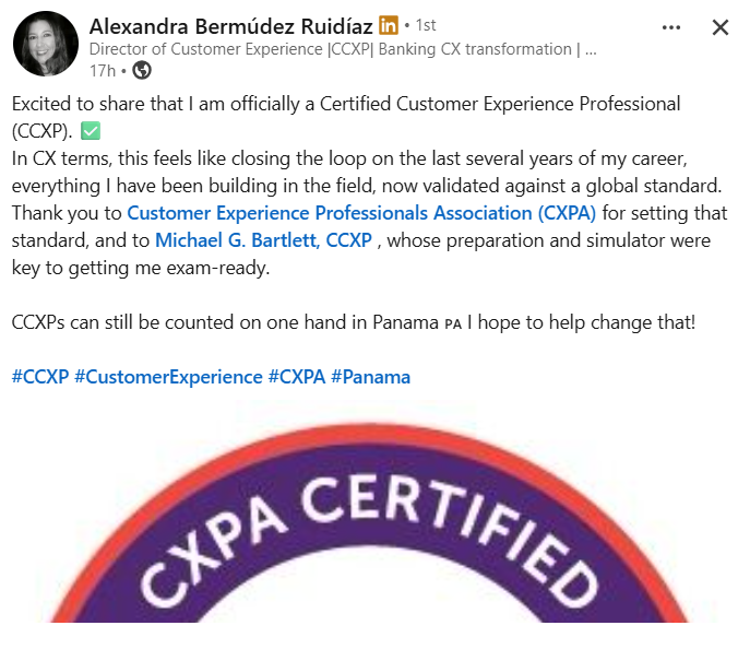 LinkedIn post from Alexandra Bermúdez Ruidaz celebrating becoming a CCXP