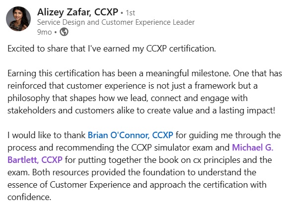 LinkedIn post from Alizey Zafar celebrating earning the CCXP certification
