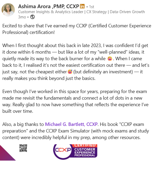 LinkedIn post from Ashima Arora recommending the CCXP Exam Simulator and preparation book