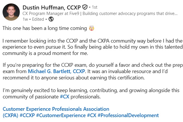 LinkedIn post from Dustin Huffman recommending the CCXP Exam Simulator