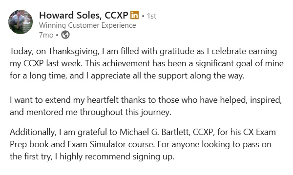 LinkedIn post from Howard Soles recommending the CCXP Exam Simulator course