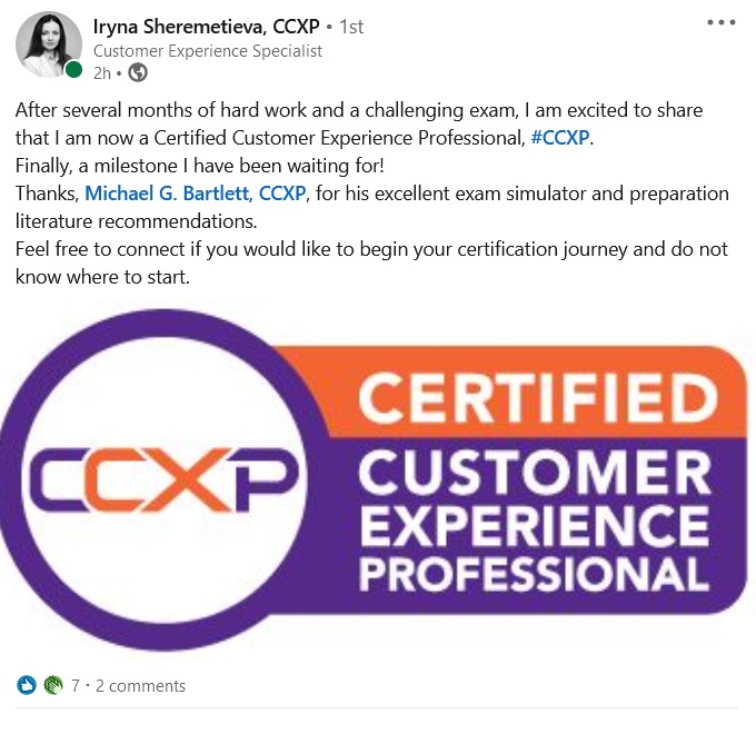 LinkedIn post from Iryna Sheremetieva celebrating becoming a CCXP