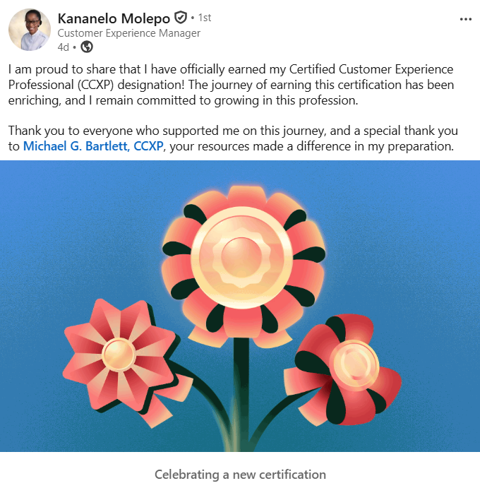 LinkedIn post from Kananelo Molepo celebrating becoming a CCXP and thanking Michael for the CCXP Exam Simulator