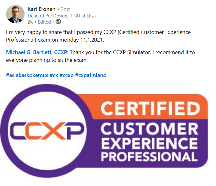 LinkedIn post from Kari Fronen celebrating passing the CCXP exam