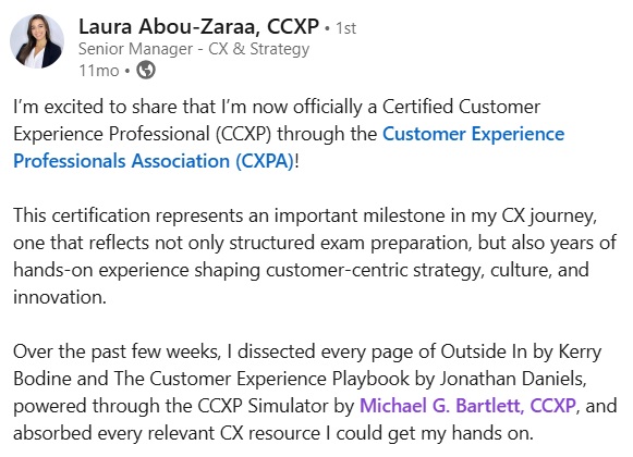 LinkedIn post from Laura Abou-Zaraa celebrating becoming a CCXP