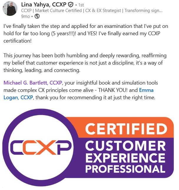 LinkedIn post from Lina Yahya celebrating earning the CCXP certification
