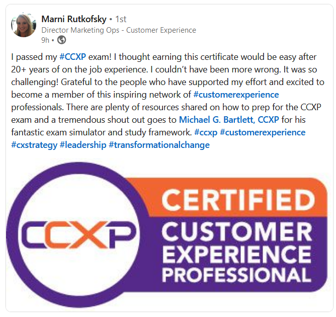 LinkedIn post from Marni Rutkofsky celebrating passing the CCXP exam