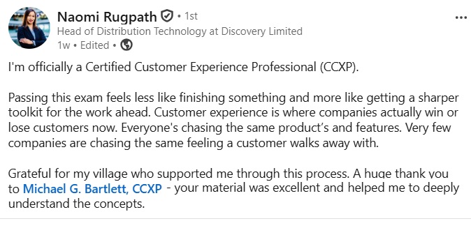 LinkedIn post from Naomi Rugpath celebrating becoming a CCXP
