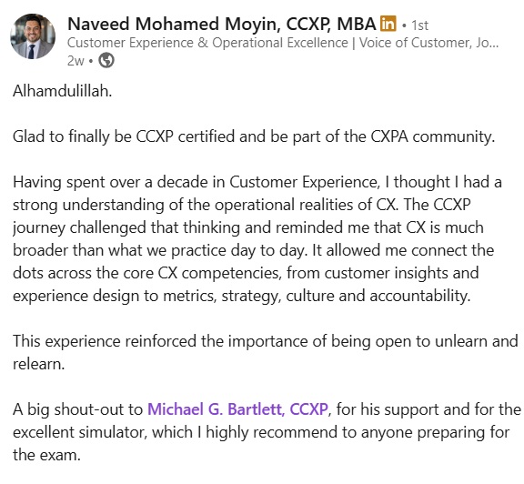 LinkedIn post from Naveed Mohamed Moyin recommending the CCXP Exam Simulator
