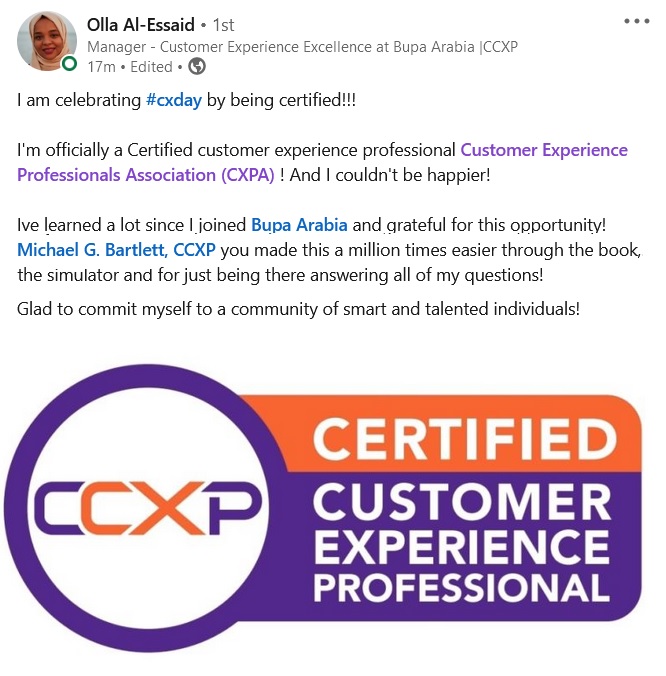 LinkedIn post from Olla Al-Essaid celebrating becoming a CCXP