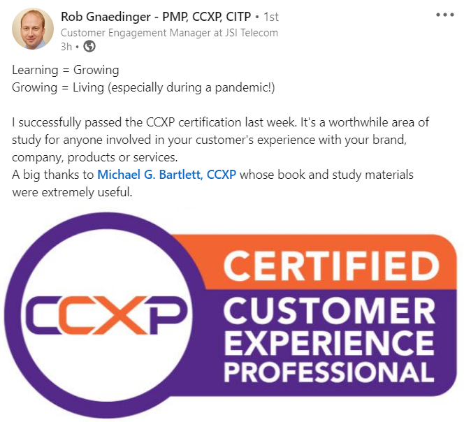 LinkedIn post from Rob Gnaedinger celebrating passing the CCXP exam