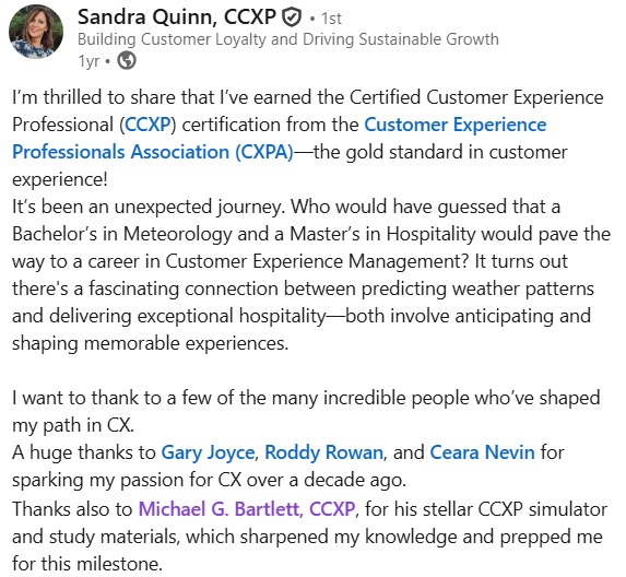 LinkedIn post from Sandra Quinn celebrating earning the CCXP certification