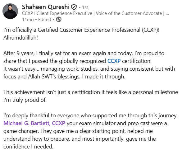 LinkedIn post from Shaheen Qureshi thanking Michael for the CCXP simulator and PrepCast