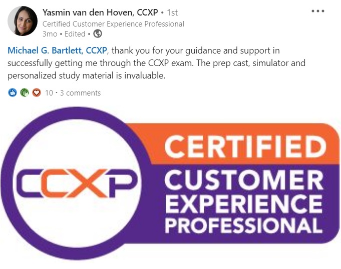 LinkedIn post from Yasmin van den Hoven thanking Michael for CCXP exam support