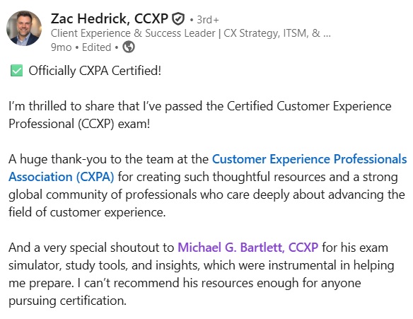 LinkedIn post from Zac Hedrick celebrating passing the CCXP exam